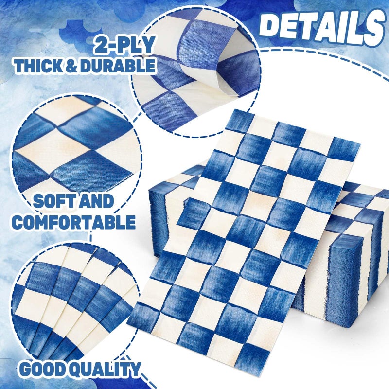 JarThenaAMCS 100 قطعة من مناديل الضيوف الزرقاء والأبيض المنقوشة باللون الأزرق الملكي والمناديل للاستعمال مرة واحدة بألوان مائية ومنشفة يدوية ومناديل ورقية للحمام والنزهة وحفلات أعياد الميلاد وحفلات ديكور الطاولة - Image 3